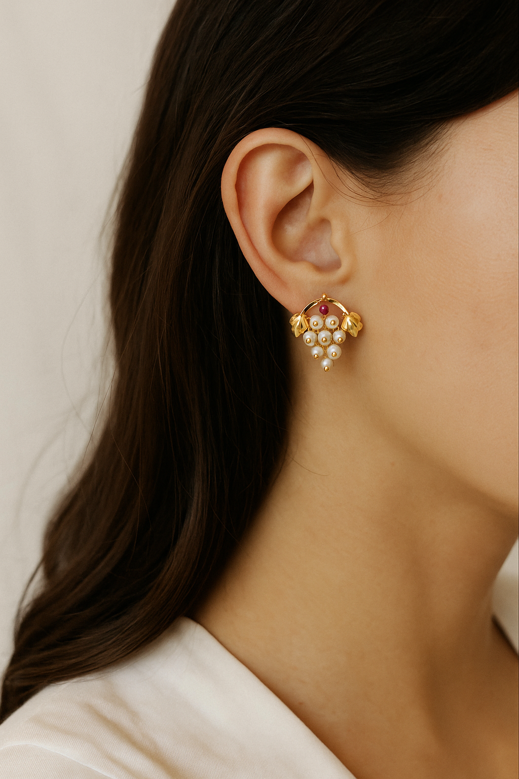 Pearl Cluster Stud Earrings with Gold Finish & Ruby Accent